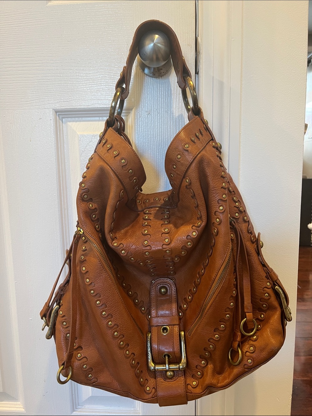 Isabella Fiore Tan Studded Leather Shoulder Hobo